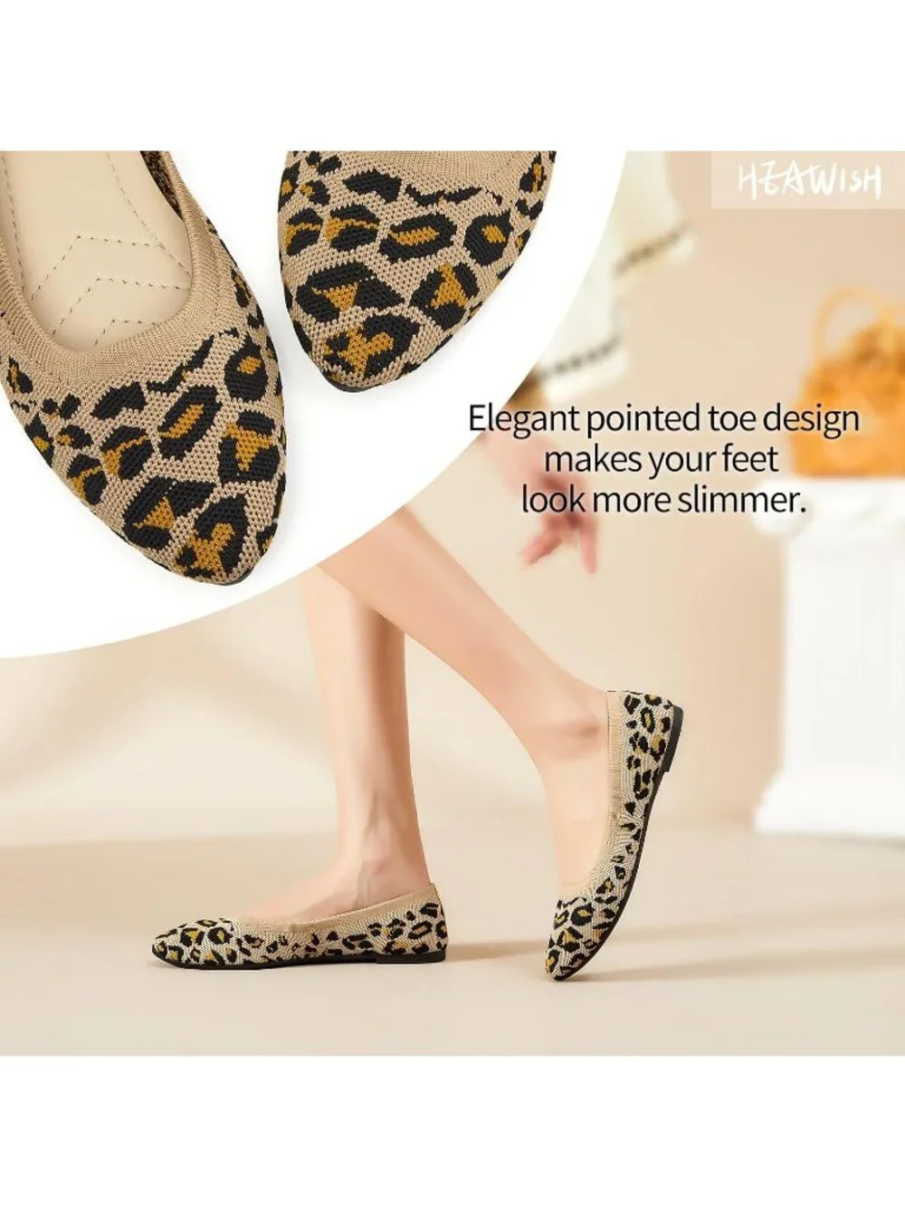 Women’s Leopard Ballet Flats Comfortable Mesh Pointed Toe Slip On Dress Shoes